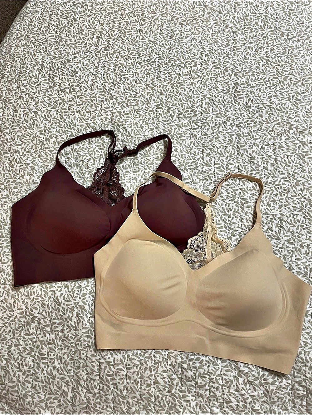 Triangle Lace Racerback Bralette. Beige & Burgundy